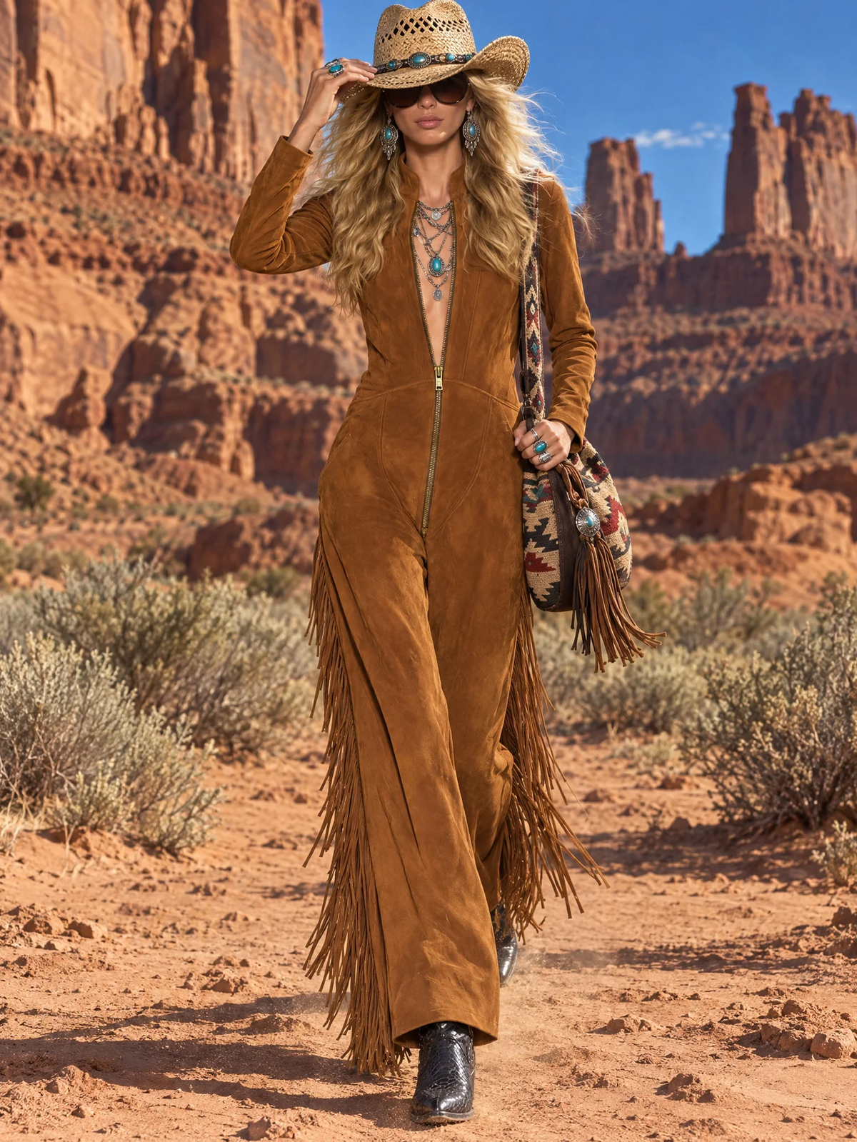Brown Faux Suede Fringe Jumpsuit with Zip Front