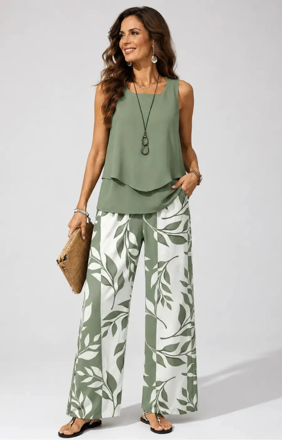 Petronila™ | Ensemble Vert Sauge Blouse et Pantalon Botanique