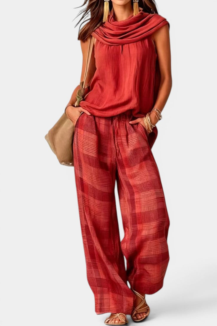 Trove - Ensemble Top Col Drapé & Pantalon Large à Carreaux