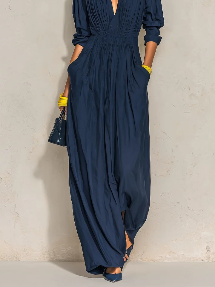 Navy Blue Pleated V-neck Long Dress