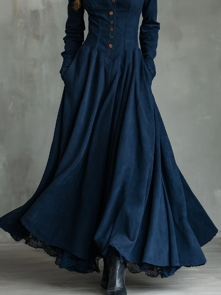 Mathilde | Robe Longue Effet Suédine Bleu Nuit à Col Chemise et Dentelle