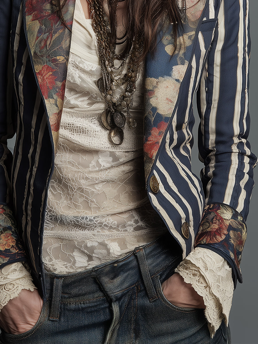 Solène | Blazer Rayé à Revers Fleuris en Coton et Lin