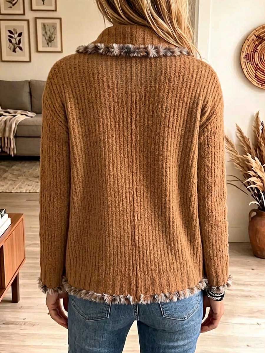Agnès | Gilet en Maille Texturée Marron à Bordures Fausse Fourrure