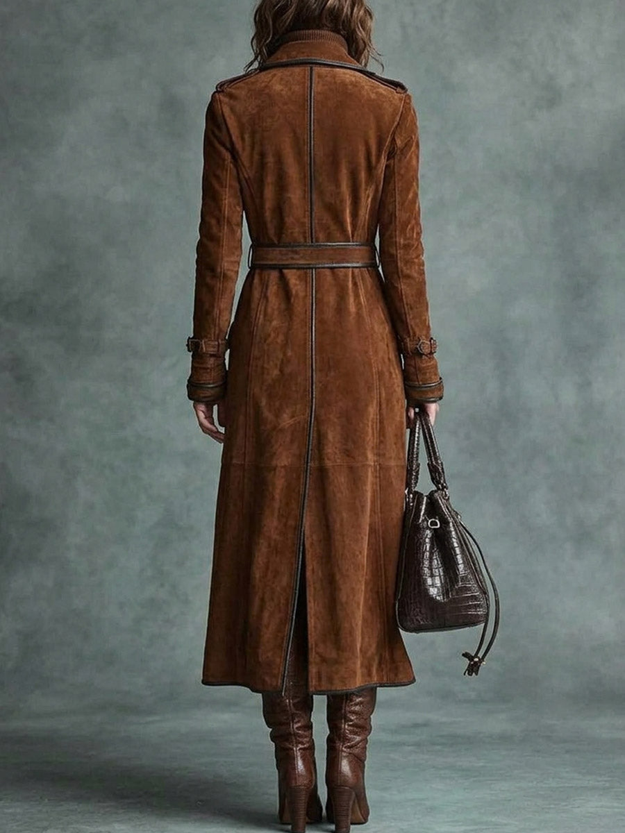 Bernadette | Manteau Long Croisé Effet Daim à Passepoil Contrasté