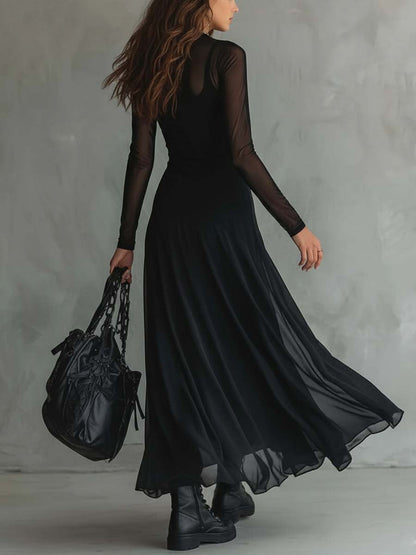 Retro Sheer Sleeves Maxi Dress