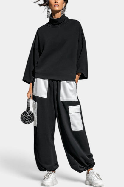 Alejandra - Ensemble Décontracté Col Roulé & Pantalon Cargo Contrasté