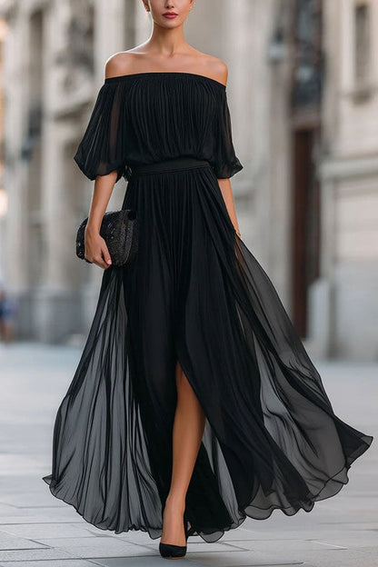 Vestido largo plisado con hombros descubiertos