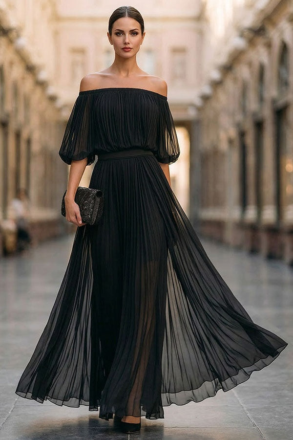 Vestido largo plisado con hombros descubiertos