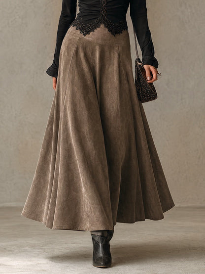 Black lace-trimmed top and faux-suede flared maxi skirt set