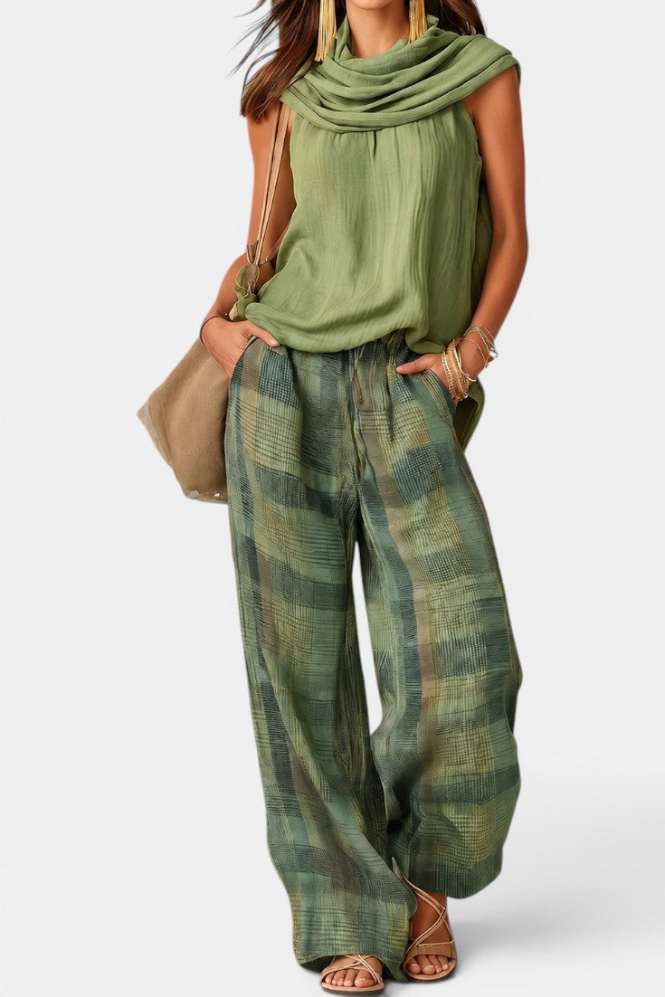 Trove - Ensemble Top Col Drapé & Pantalon Large à Carreaux