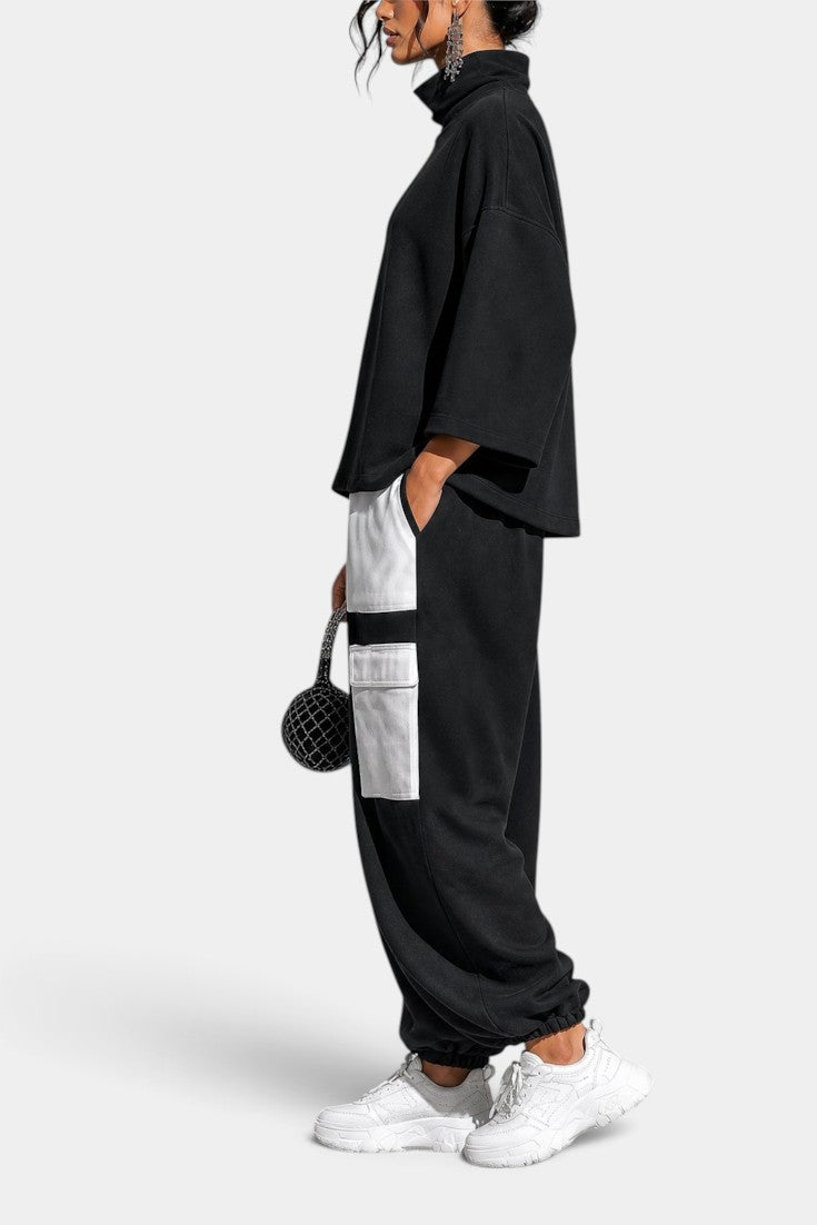Alejandra - Ensemble Décontracté Col Roulé & Pantalon Cargo Contrasté
