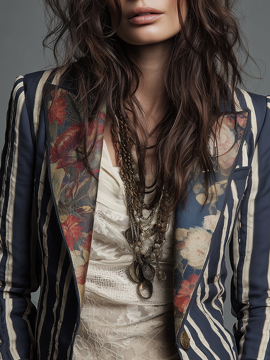 Solène | Blazer Rayé à Revers Fleuris en Coton et Lin