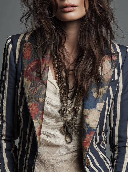 Solène | Blazer Rayé à Revers Fleuris en Coton et Lin