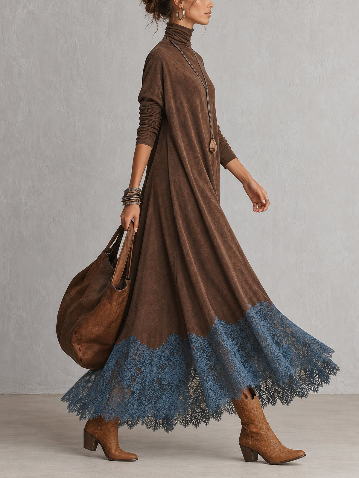 Albane - Robe Longue Effet Suédine à Ourlet en Dentelle
