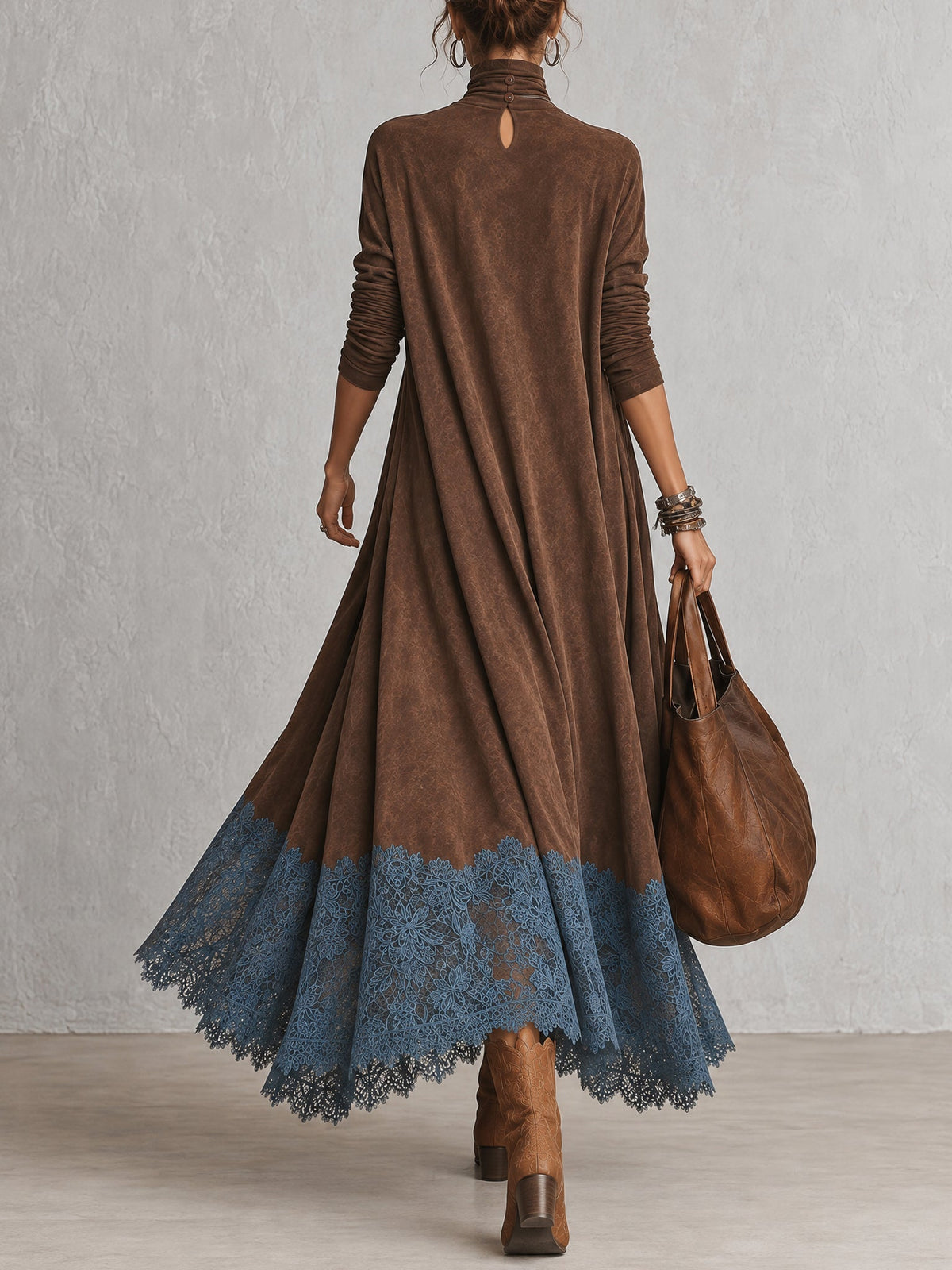 Albane - Robe Longue Effet Suédine à Ourlet en Dentelle