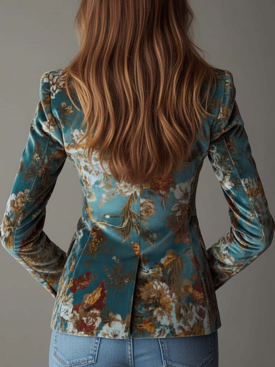 Ophélie | Blazer Tailleur en Velours Fleuri Bleu Canard