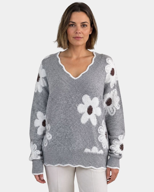PAULA | TRICOT FLORAL ÉLÉGANT AVEC COL EN V