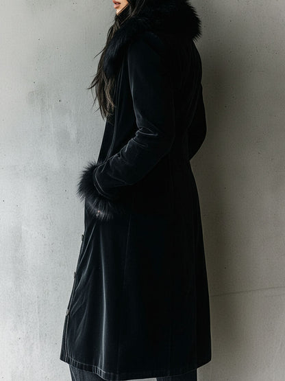 Clémentine | Manteau Long en Velours Noir à Col et Poignets Fausse Fourrure