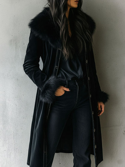 Clémentine | Manteau Long en Velours Noir à Col et Poignets Fausse Fourrure