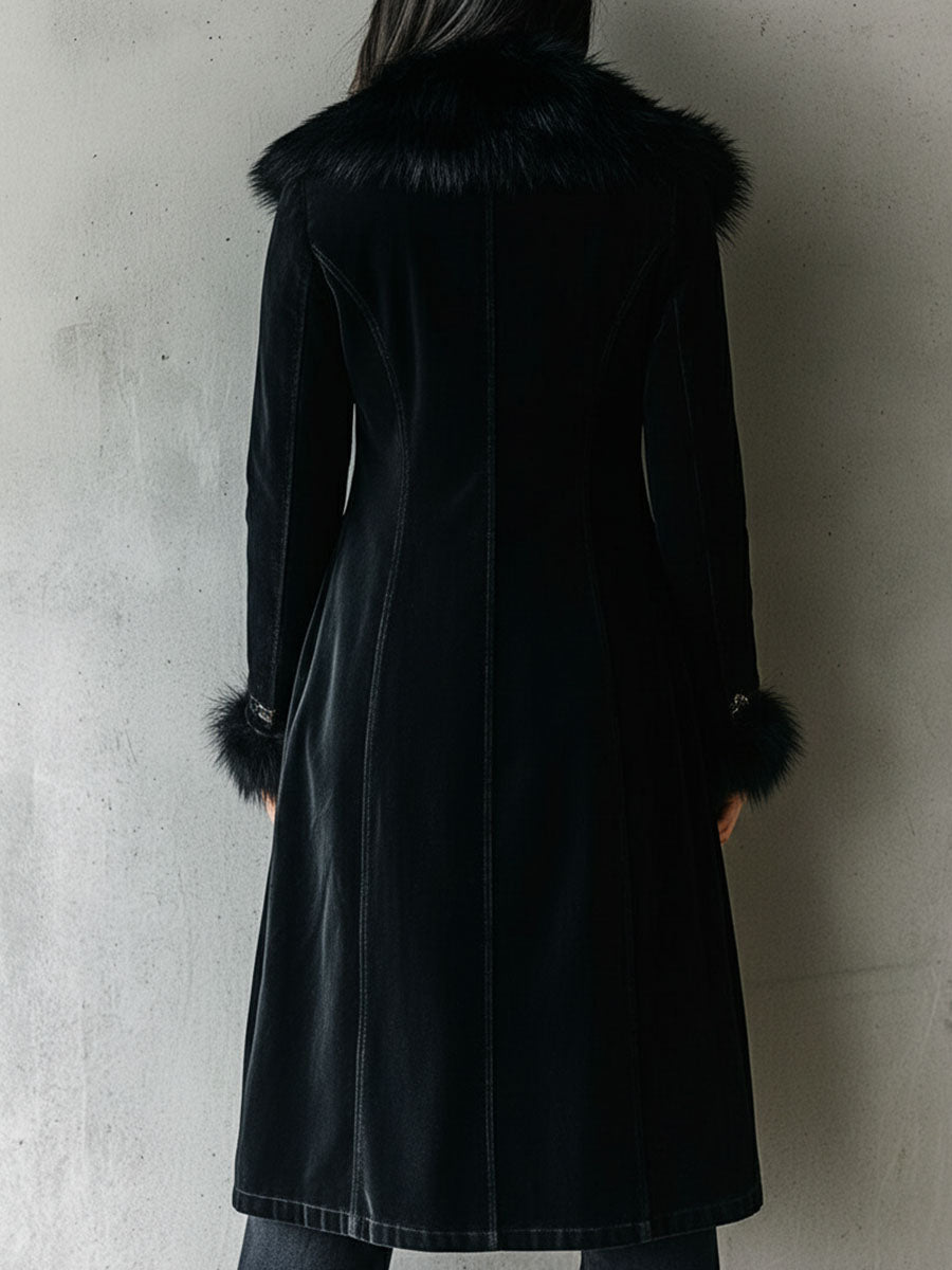 Clémentine | Manteau Long en Velours Noir à Col et Poignets Fausse Fourrure