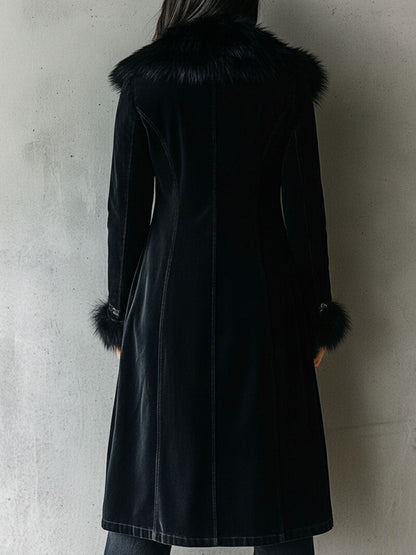 Clémentine | Manteau Long en Velours Noir à Col et Poignets Fausse Fourrure