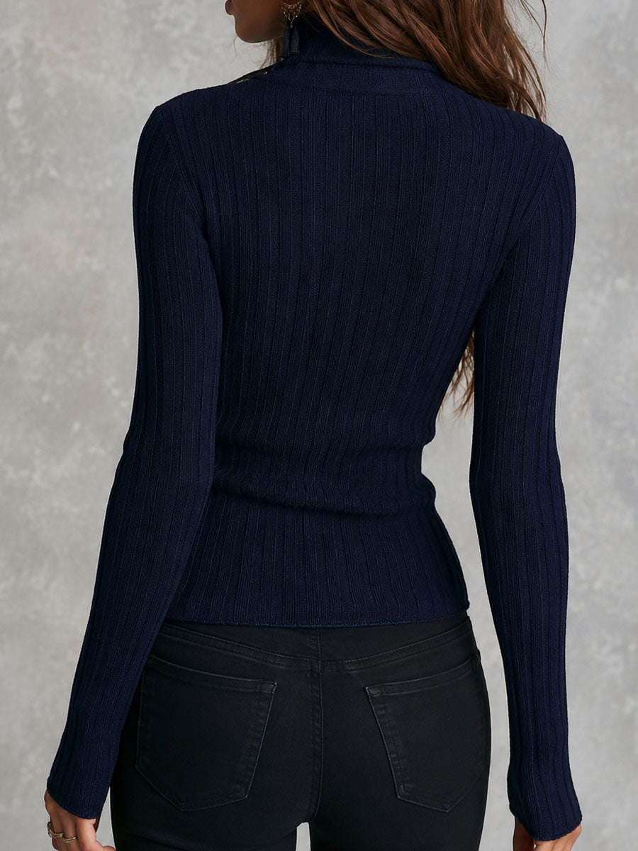 Armelle | Pull Côtelé Ajusté Bleu Marine à Col Montant Demi-Zippé