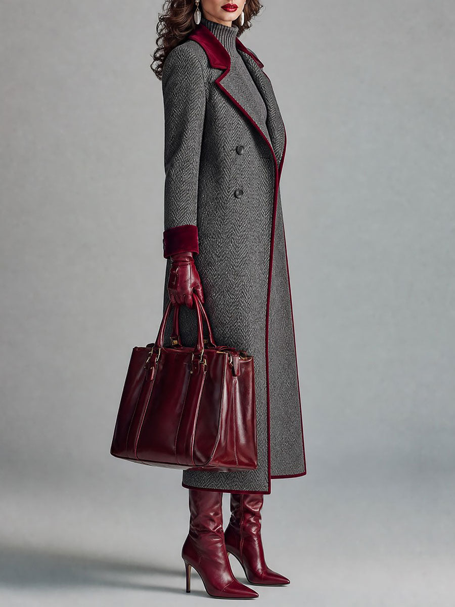 Victorine | Manteau Long Chevrons Gris à Finitions Velours (Manteau Seul)