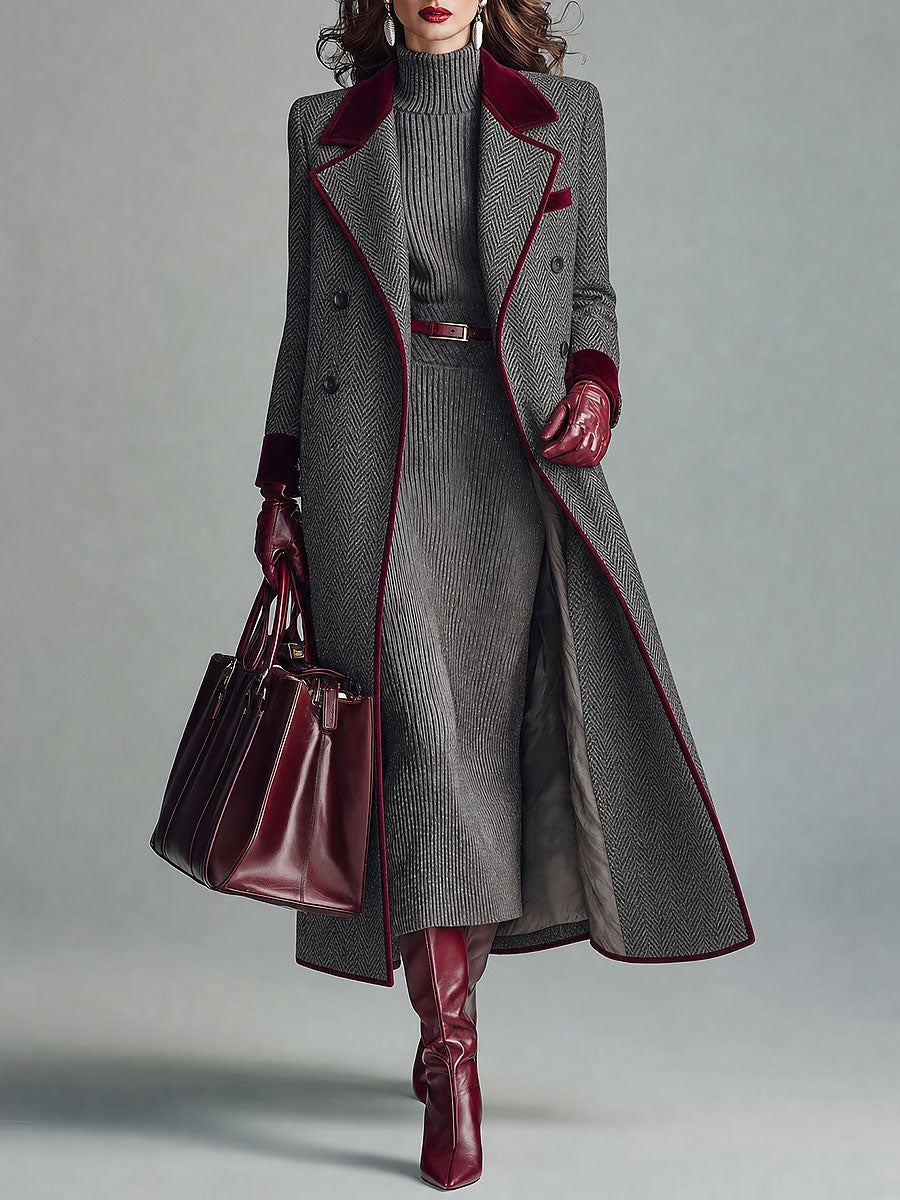 Victorine | Manteau Long Chevrons Gris à Finitions Velours (Manteau Seul)