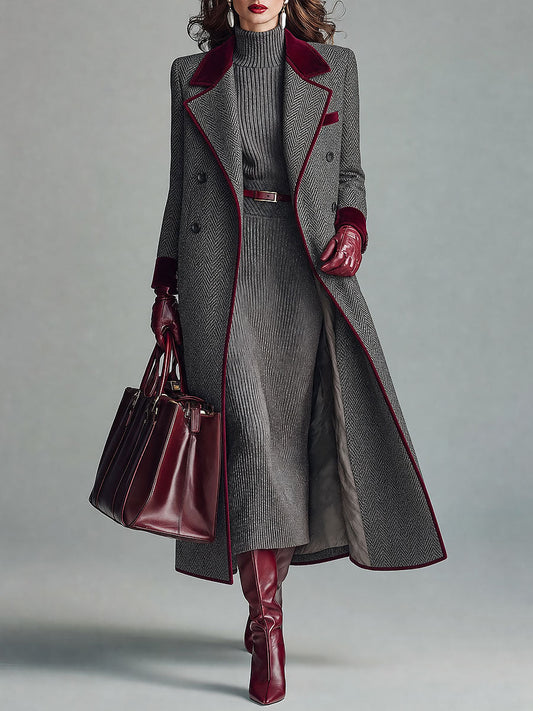 Victorine | Manteau Long Chevrons Gris à Finitions Velours (Manteau Seul)