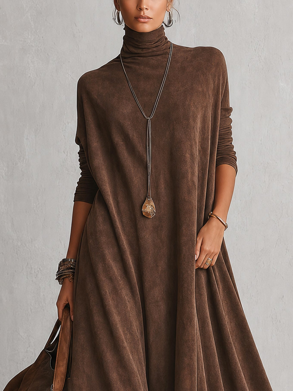 Albane - Robe Longue Effet Suédine à Ourlet en Dentelle