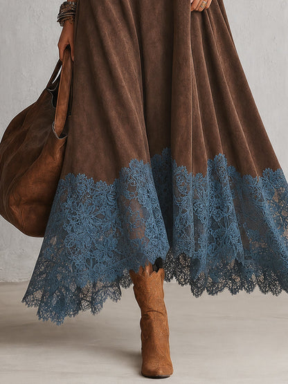 Albane - Robe Longue Effet Suédine à Ourlet en Dentelle