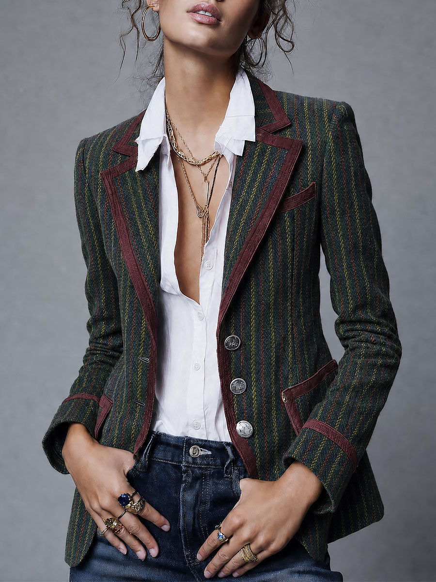 Bérénice | Blazer Rayé Rétro à Passepoil Contrastant