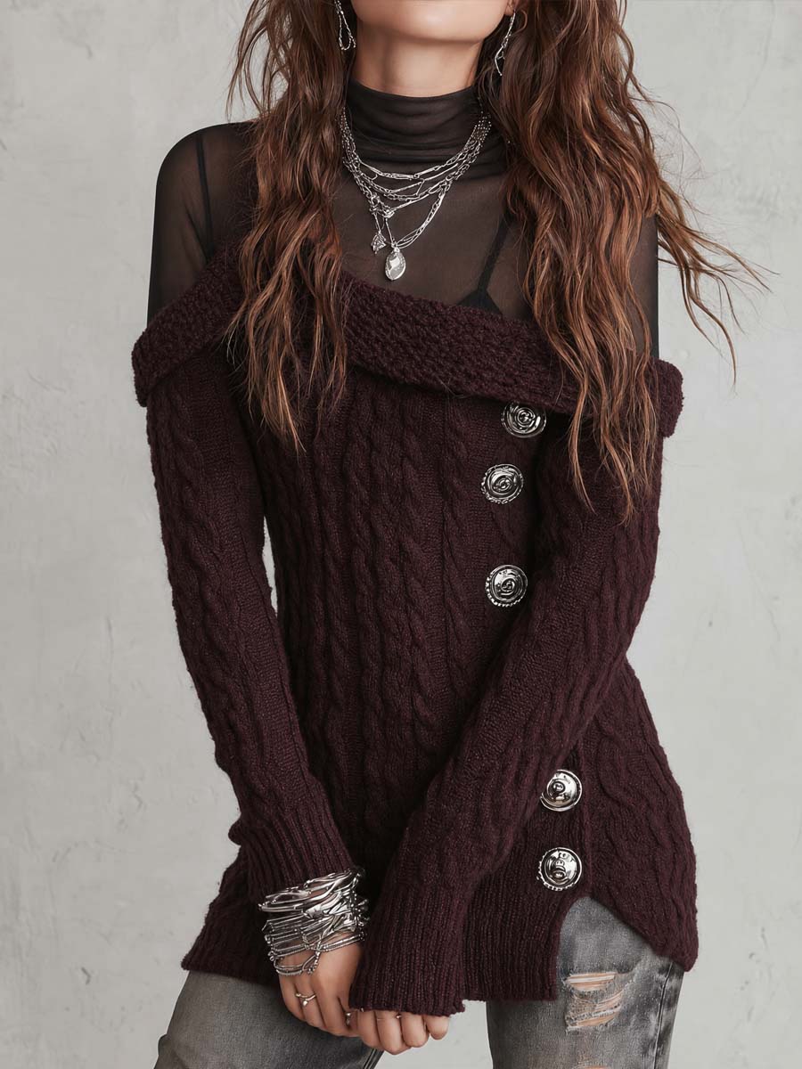 Lucie | Pull Torsadé Bordeaux Asymétrique à Épaule Dénudée