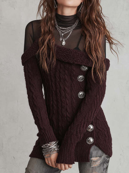 Lucie | Pull Torsadé Bordeaux Asymétrique à Épaule Dénudée