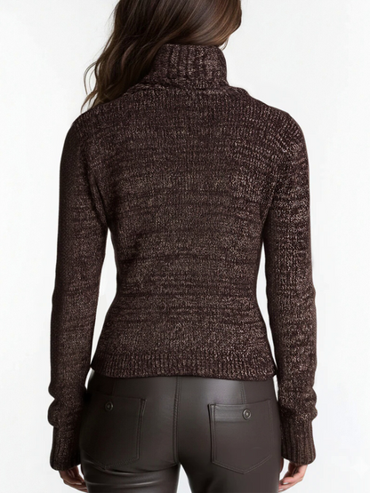 Brown Asymmetrical Zip Ribbed Knit Jacket