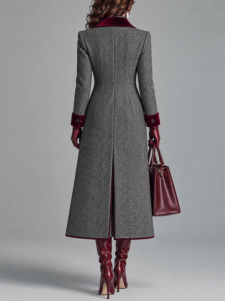 Victorine | Manteau Long Chevrons Gris à Finitions Velours (Manteau Seul)