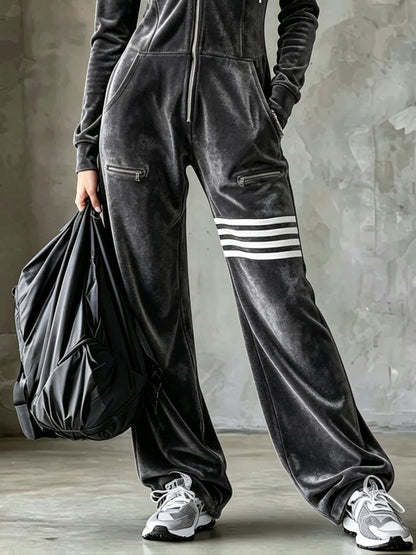 Gabrielle | Combinaison Pantalon Large en Velours à Capuche Zippée