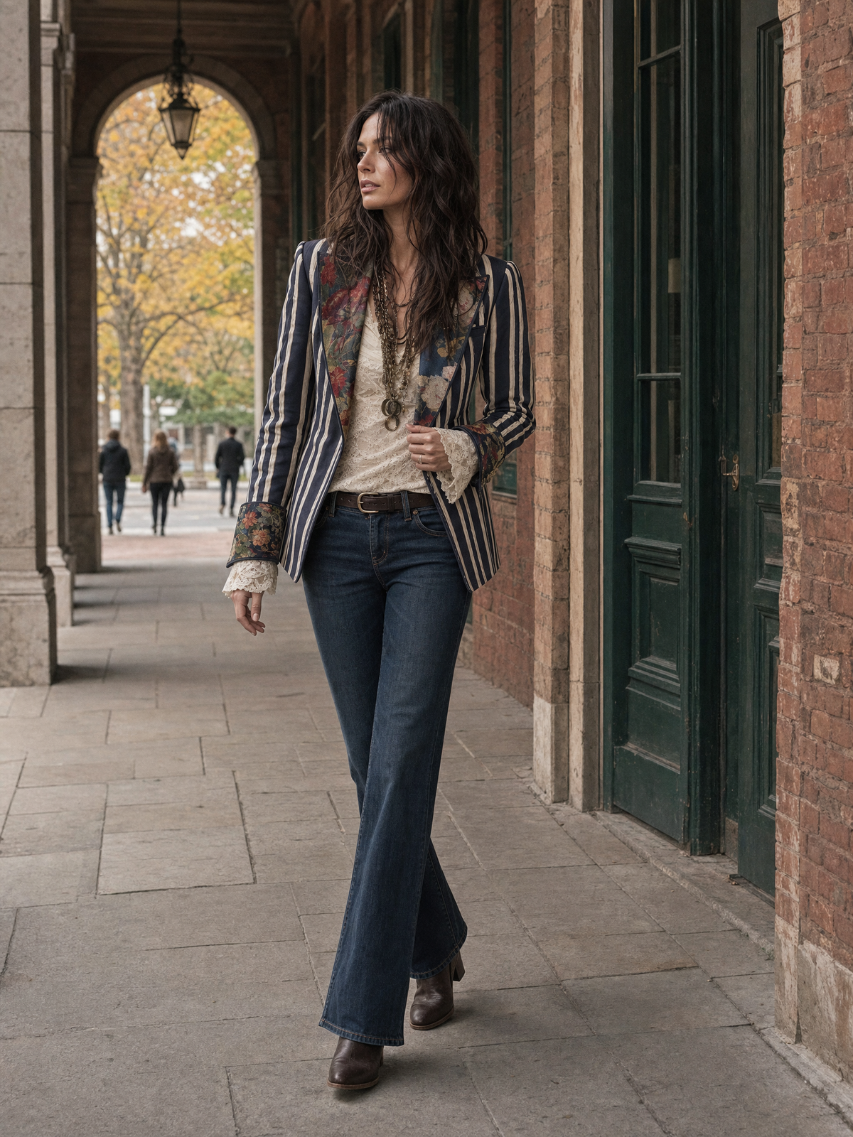 Solène | Blazer Rayé à Revers Fleuris en Coton et Lin