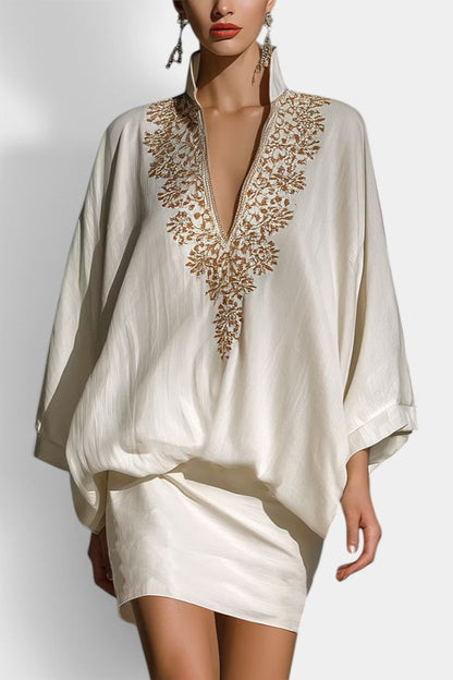 Marisol - Ensemble Court Blousant à Broderies Dorées & Col Montant