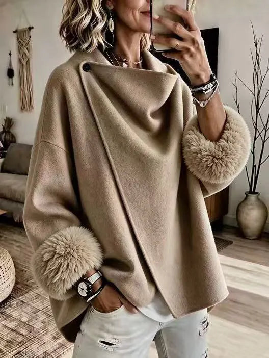 Malicia | Asymmetric Wrap Jacket With Faux Fur Cuffs