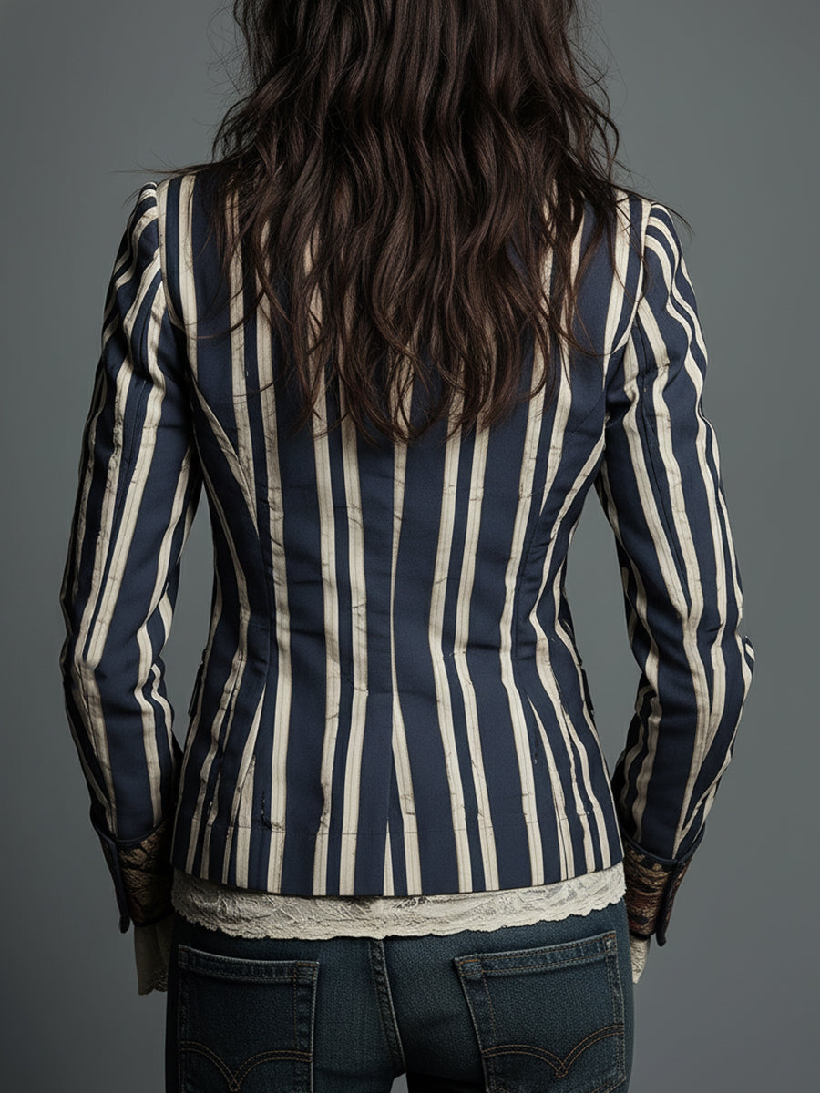 Solène | Blazer Rayé à Revers Fleuris en Coton et Lin