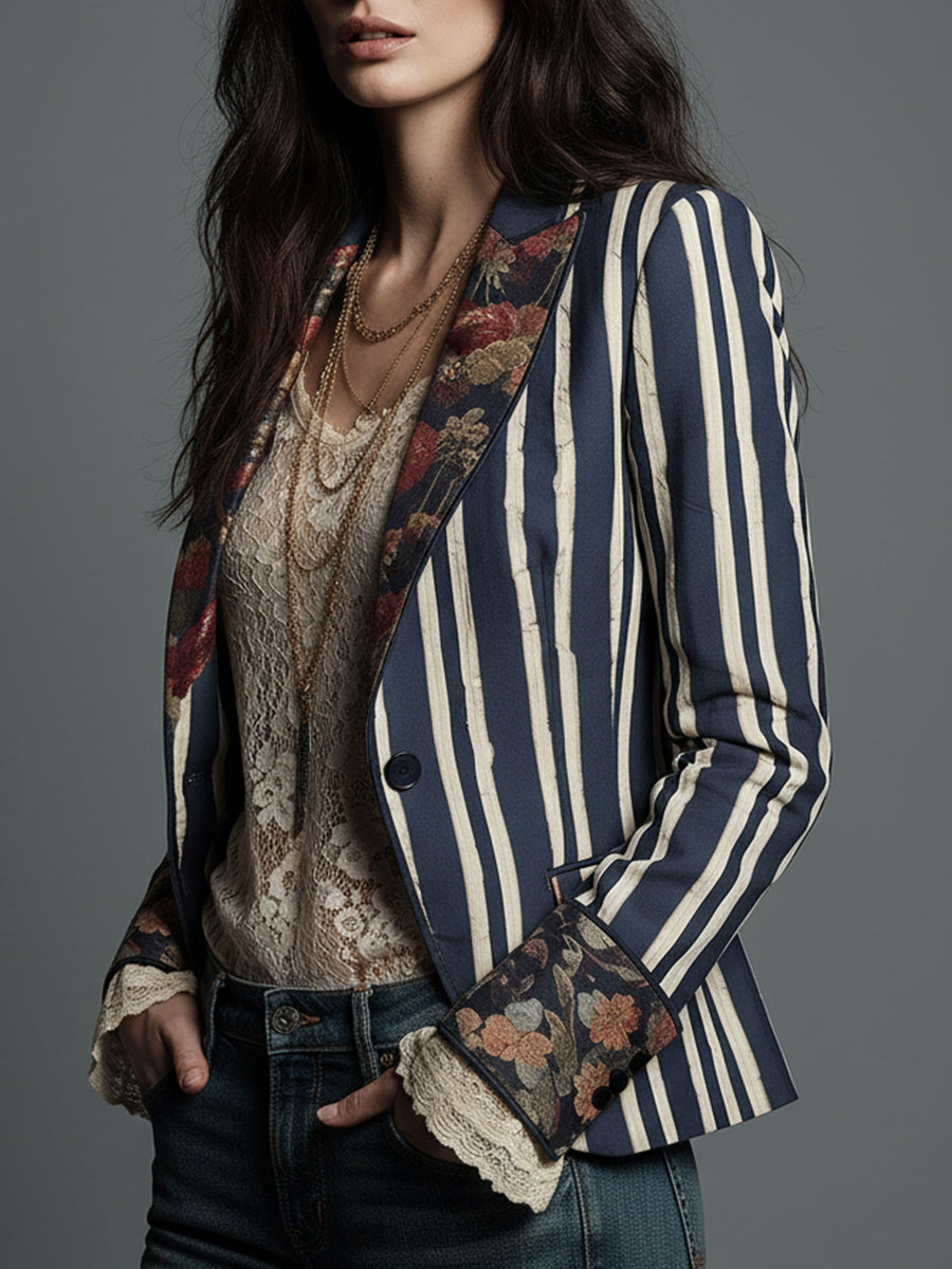Solène | Blazer Rayé à Revers Fleuris en Coton et Lin