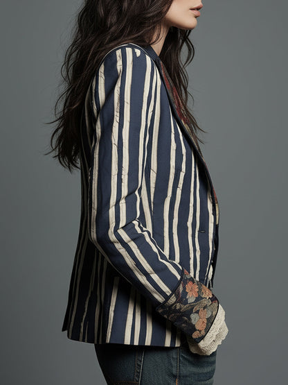 Solène | Blazer Rayé à Revers Fleuris en Coton et Lin