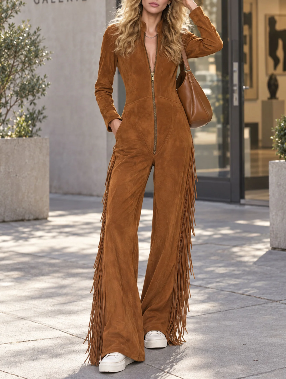 Brown Faux Suede Fringe Jumpsuit with Zip Front