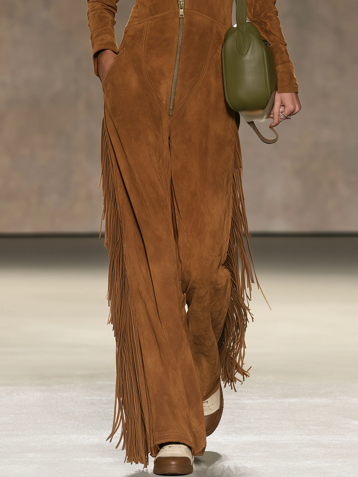 Brown Faux Suede Fringe Jumpsuit with Zip Front