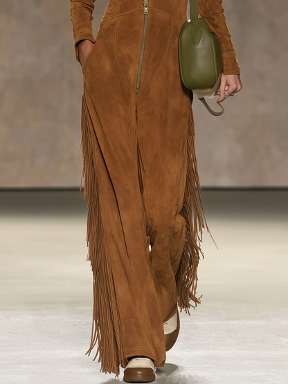 Brown Faux Suede Fringe Jumpsuit with Zip Front