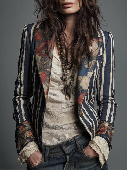 Solène | Blazer Rayé à Revers Fleuris en Coton et Lin