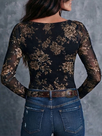 Iris | Blouse Col Tunisien en Tulle à Imprimé Floral Rétro