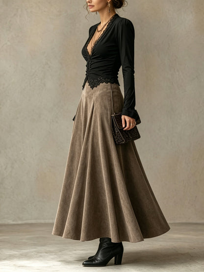Black lace-trimmed top and faux-suede flared maxi skirt set