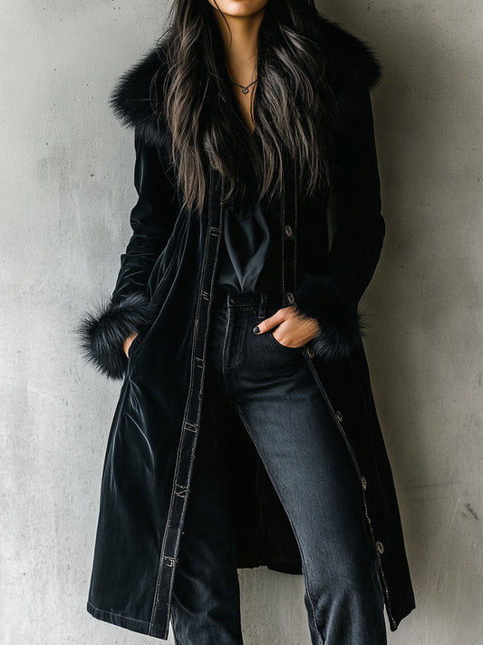 Clémentine | Manteau Long en Velours Noir à Col et Poignets Fausse Fourrure